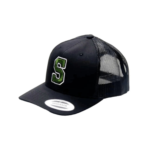 Black trucker cap with green logo on a white background