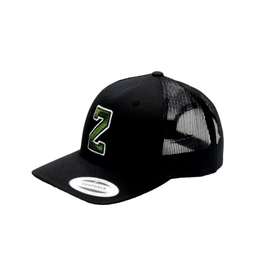 Black trucker cap with a green number '2' on a white background