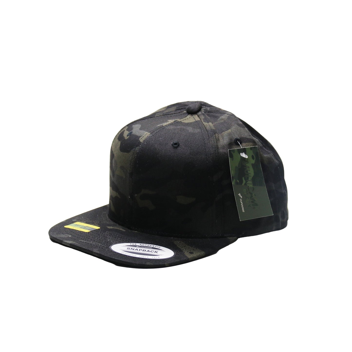 Camouflage baseball cap with a brand tag on a white background