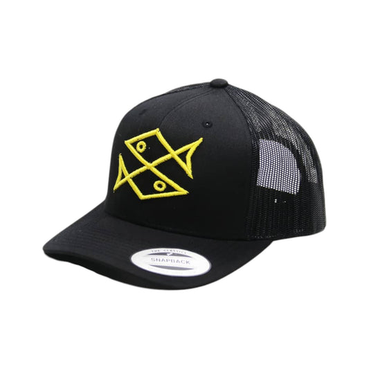 Black cap with yellow logo on a white background