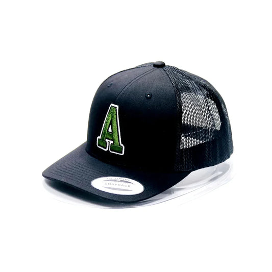 Black trucker cap with green letter 'A' logo on a white background