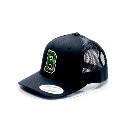 Black trucker cap with a green 'B' logo on a white background