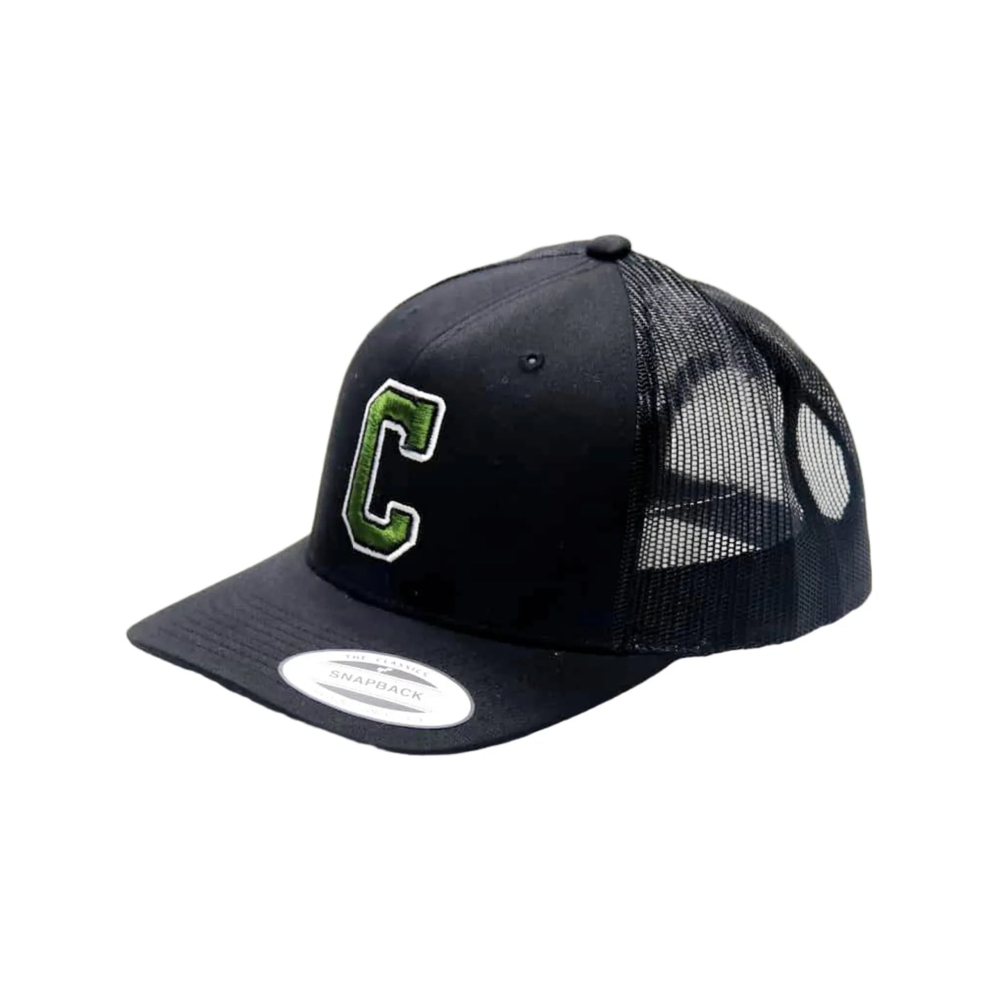 Black cap with a green logo on a white background