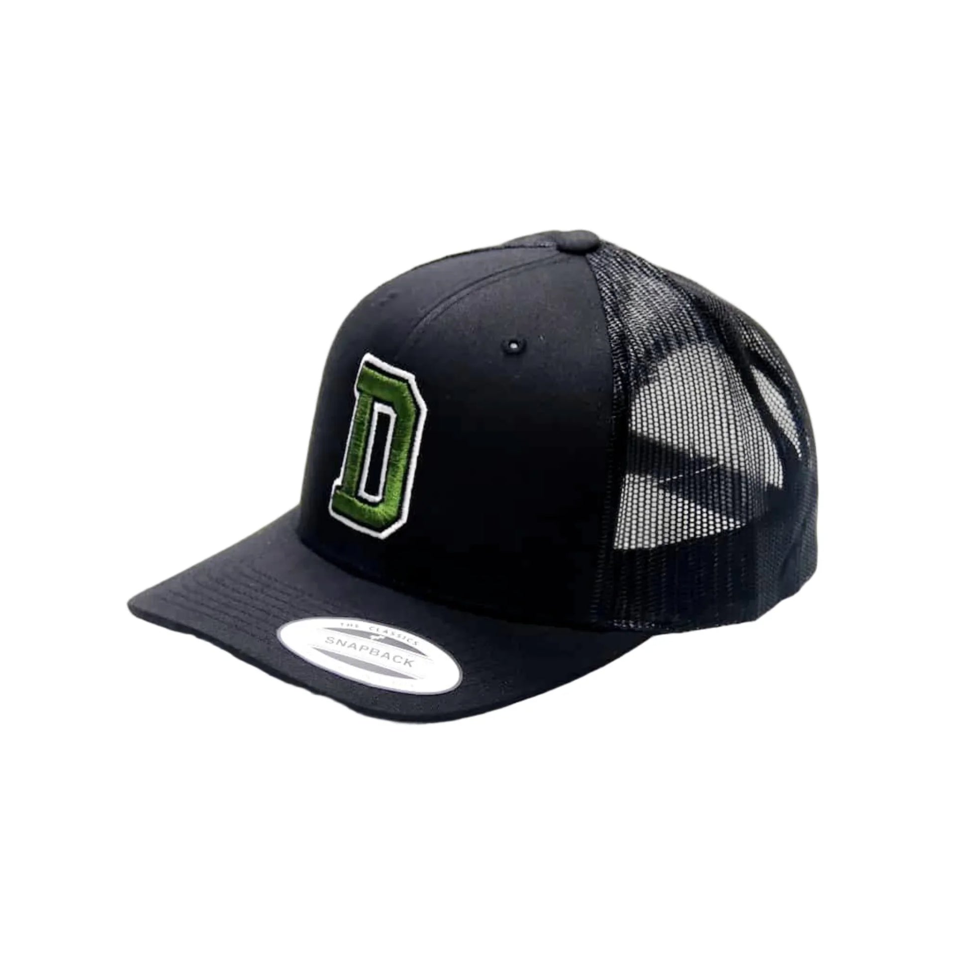Black trucker cap with green logo on a white background