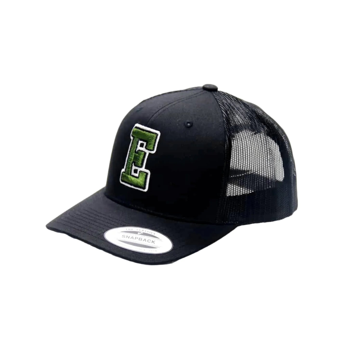 Black trucker cap with green logo on a white background