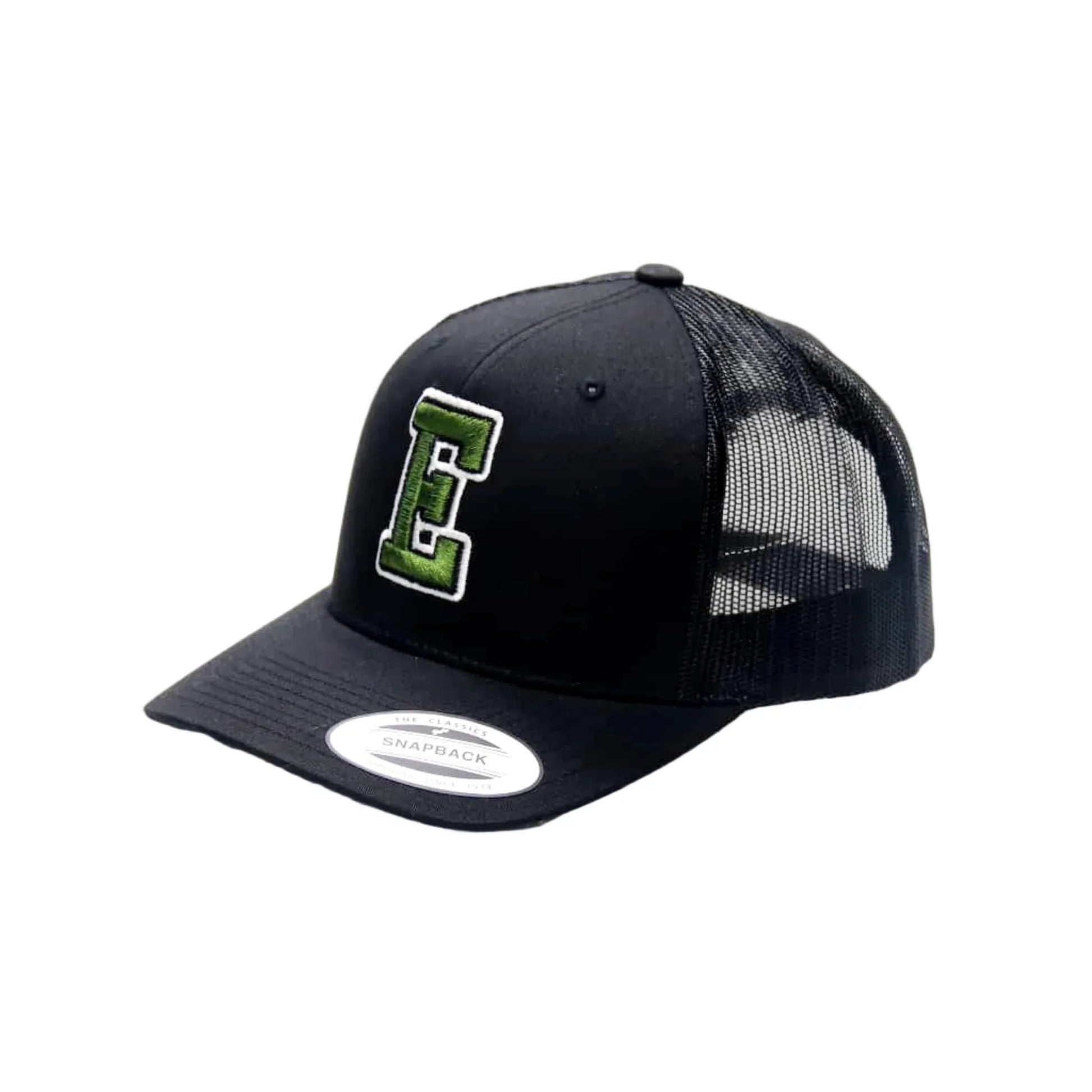 Black trucker cap with green logo on a white background