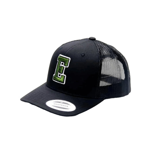 Black trucker cap with green logo on a white background