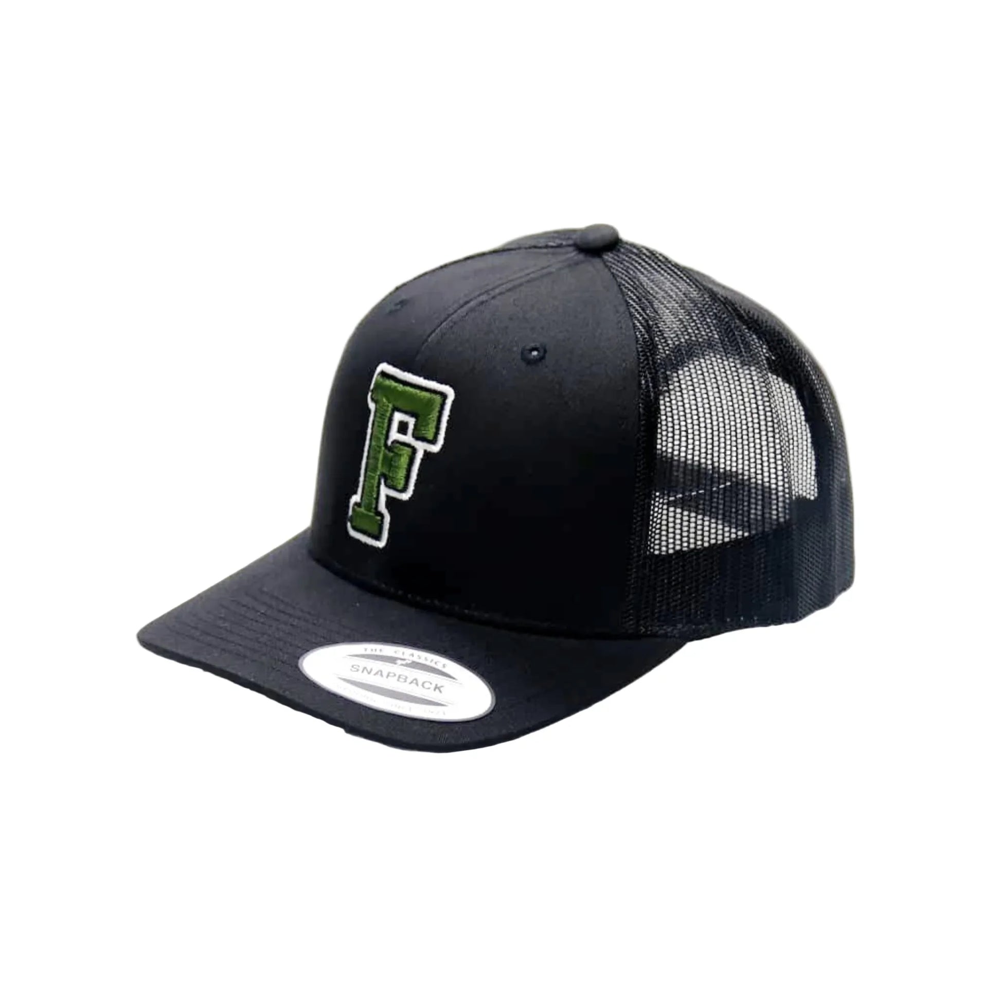 Black trucker cap with green logo on a white background