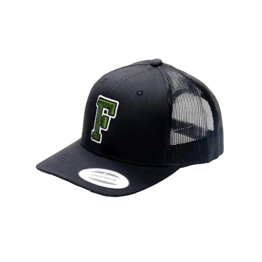 Black trucker cap with green logo on a white background