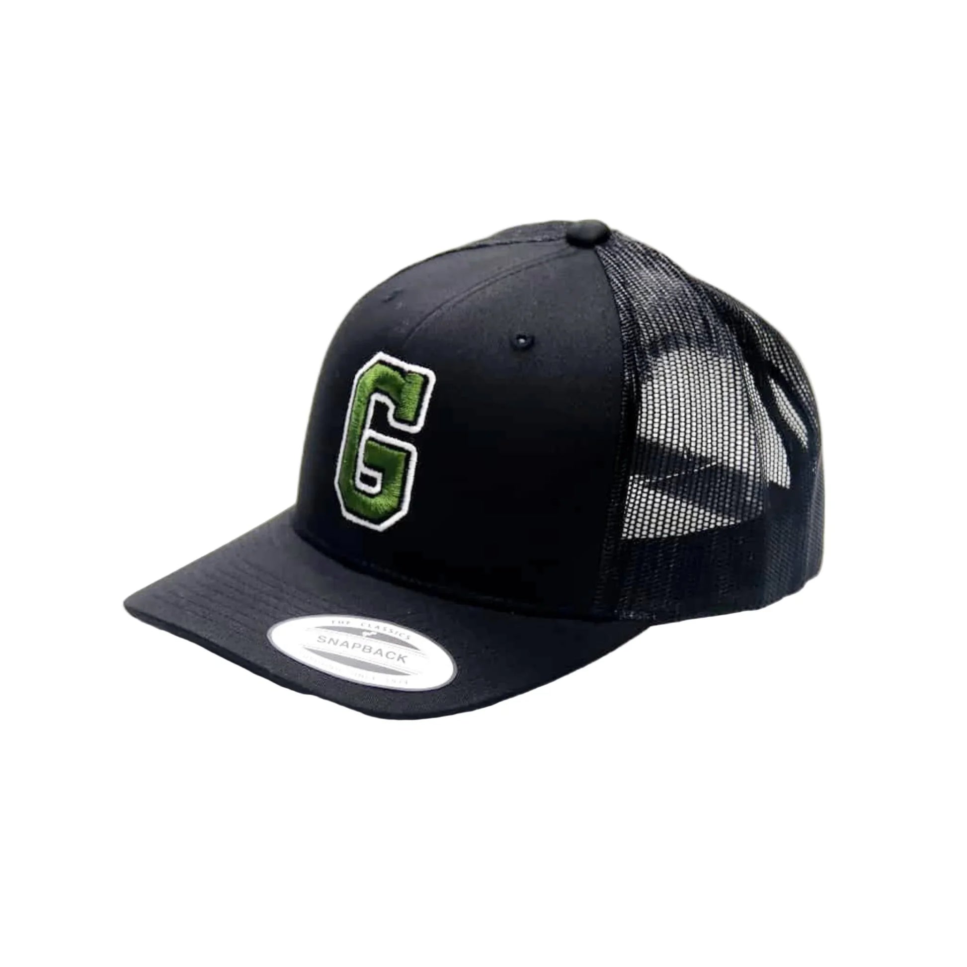 Black trucker cap with green logo on a white background