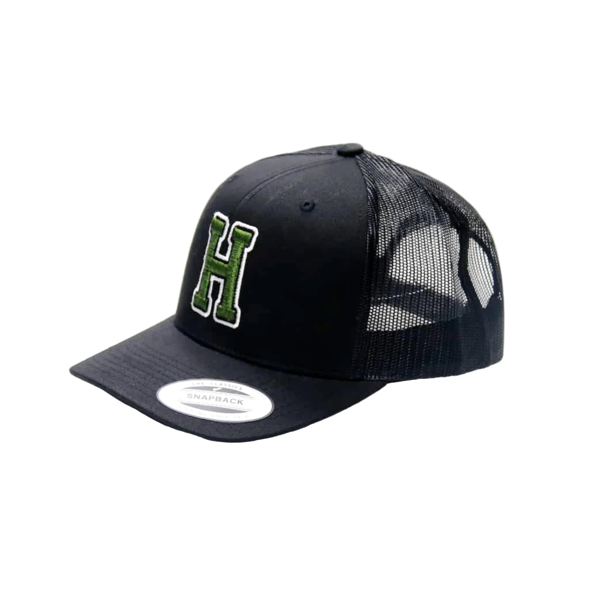 Black trucker cap with green letter 'H' on a white background