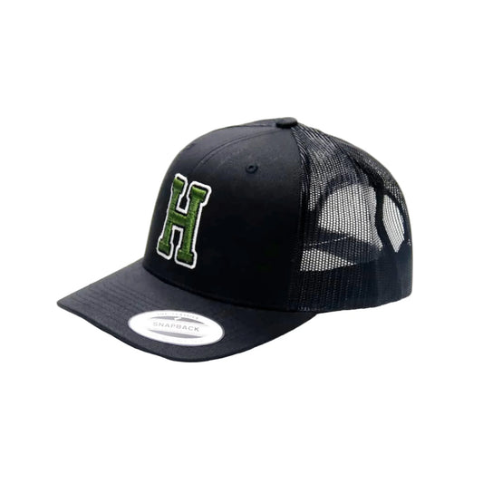 Black trucker cap with green letter 'H' on a white background