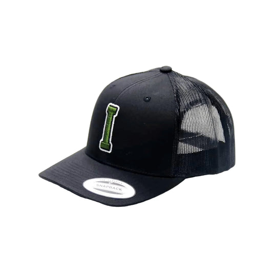 Black trucker cap with a green logo on a white background