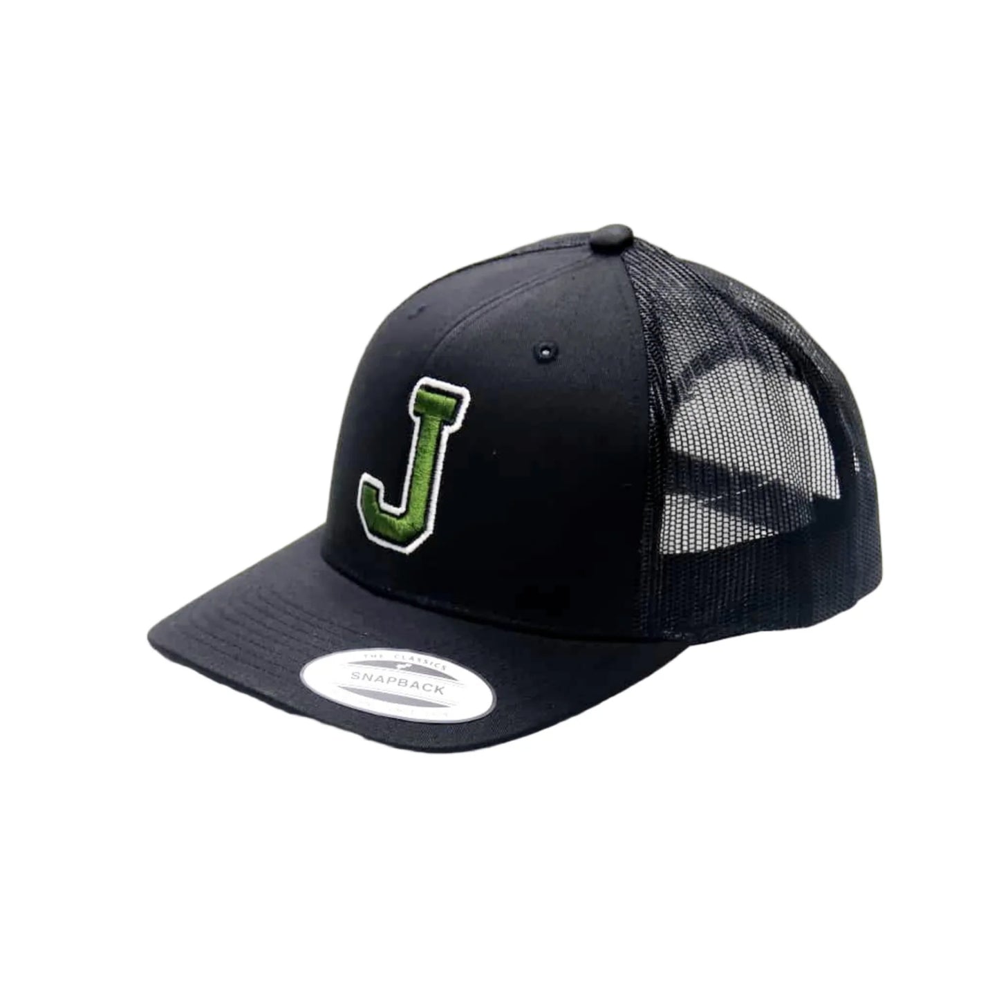 Black cap with a green letter 'J' on a white background