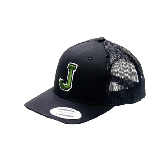 Black cap with a green letter 'J' on a white background