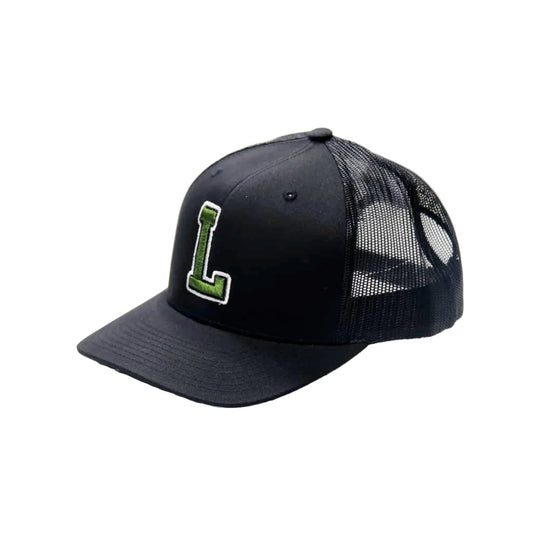 Black cap with a green letter 'L' on a white background