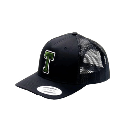 Black trucker cap with green logo on a white background