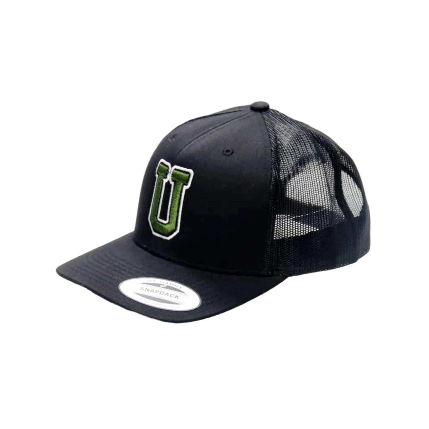 Black cap with green logo on a white background