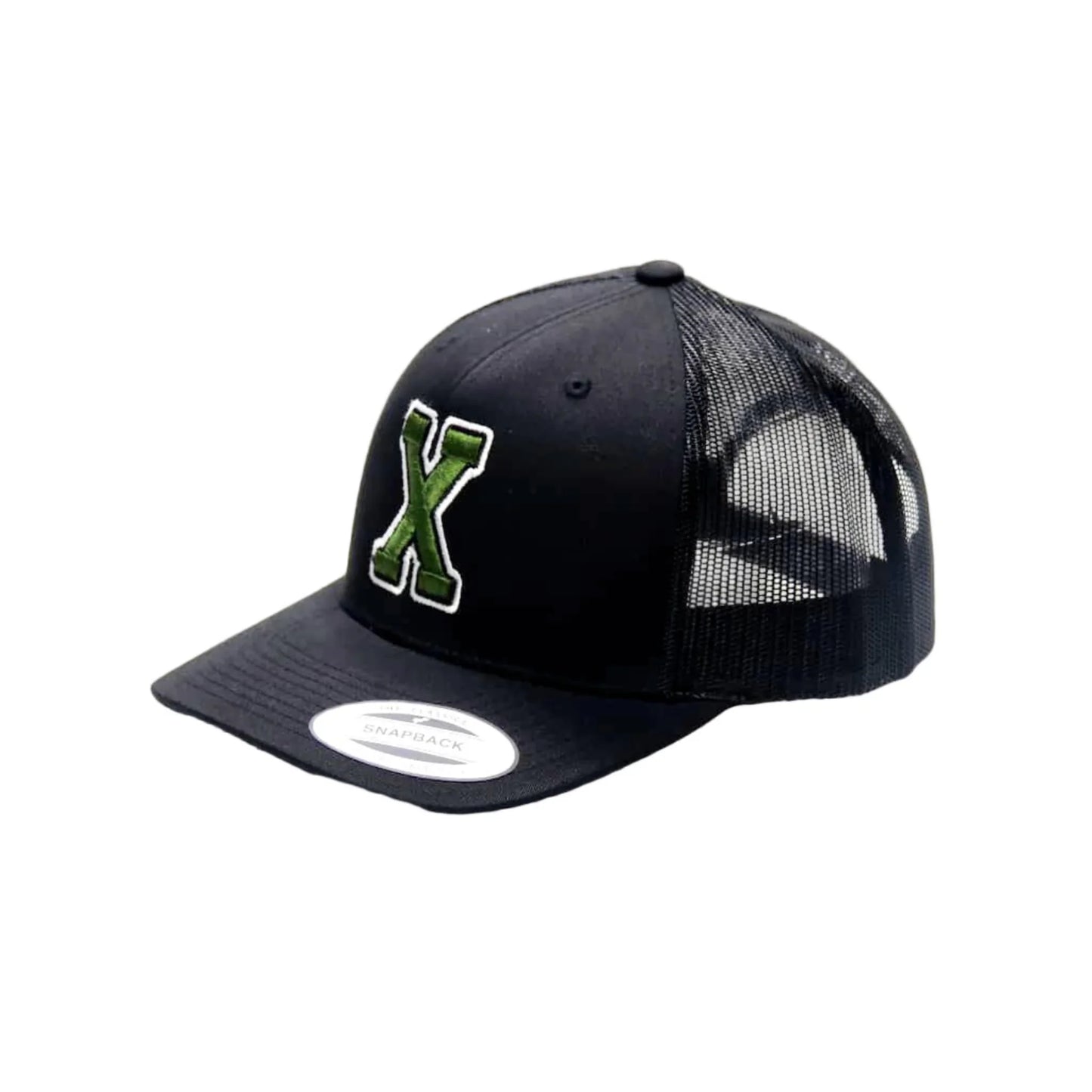 Black trucker cap with green logo on a white background