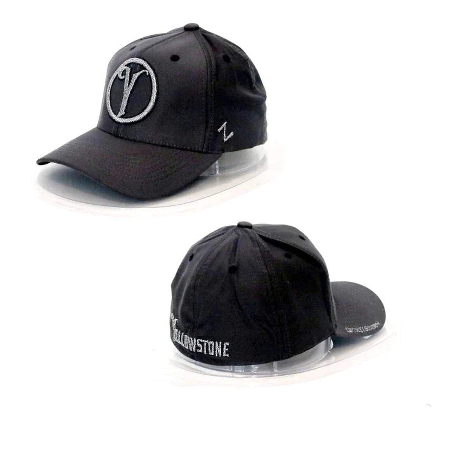 Two black baseball caps with logos on a white background