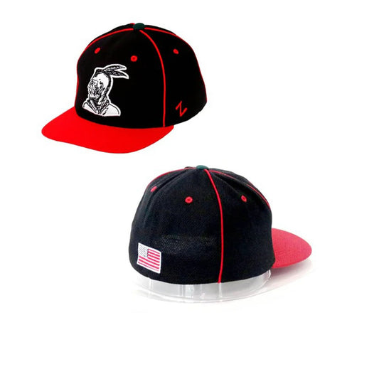 Black and red baseball cap with a logo on a white background