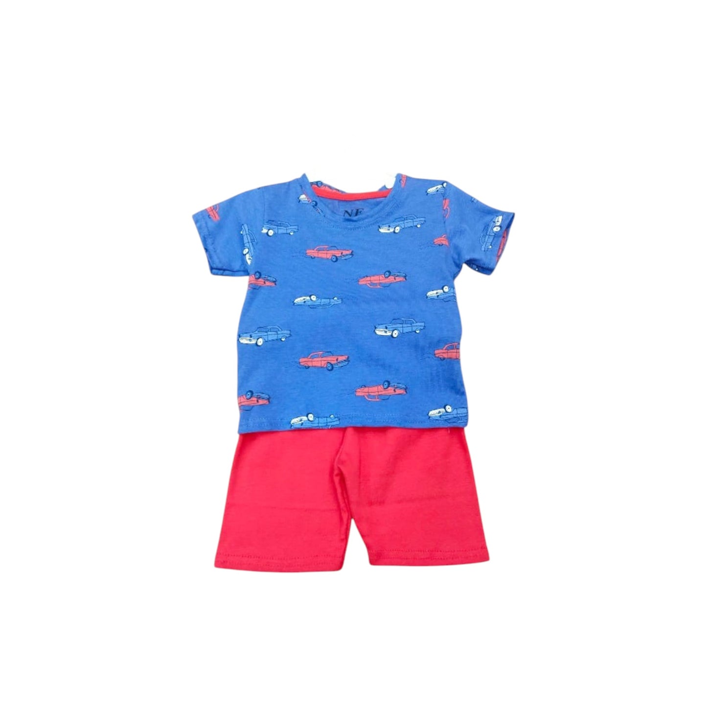 Children's blue t-shirt with car pattern and pink shorts on a white background