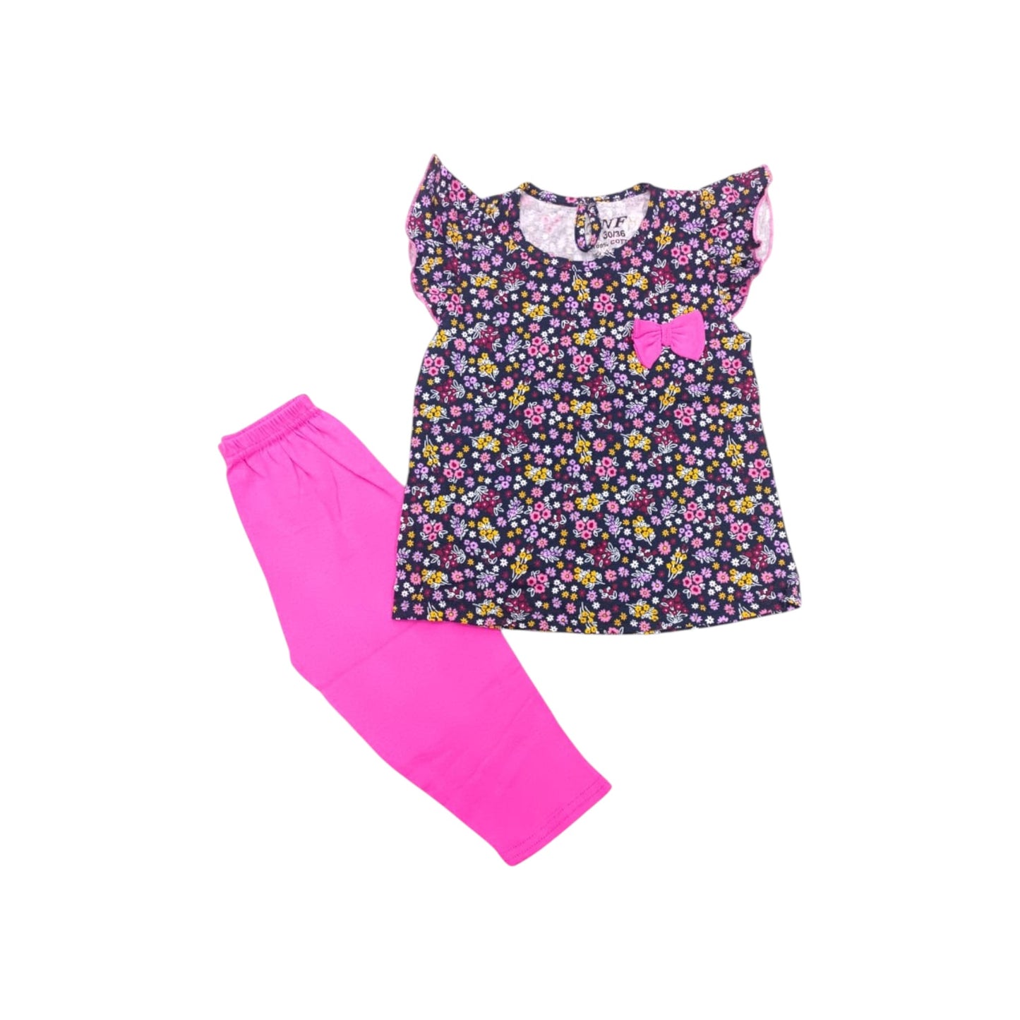 Children's outfit with floral top and pink pants on a white background