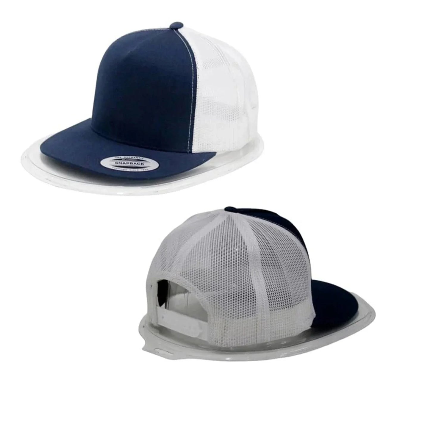 Two views of a navy and white trucker cap on a white background