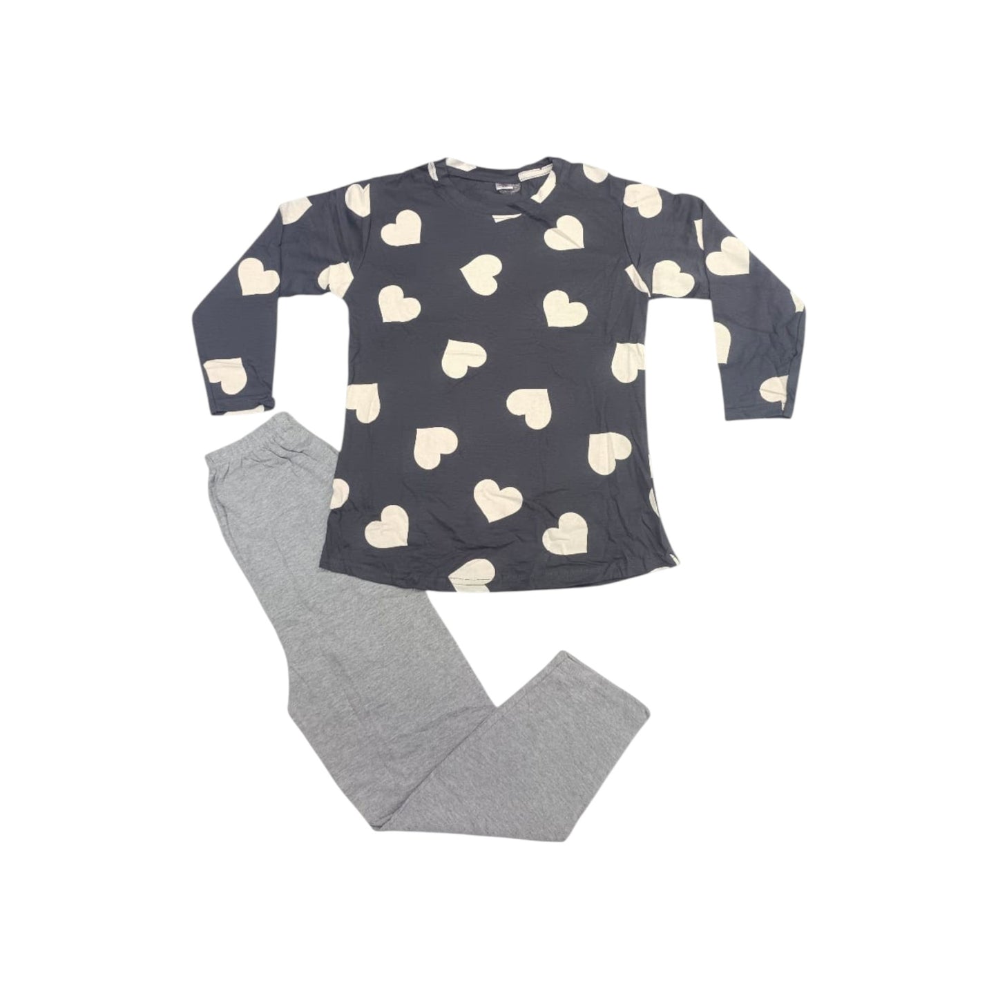 Children's pajama set with heart-patterned top and gray pants on a white background