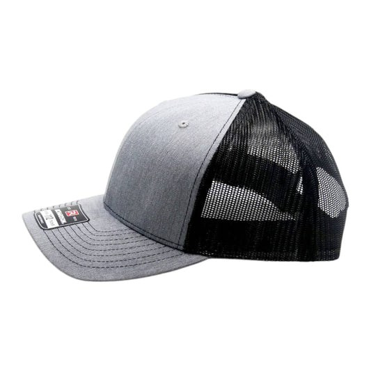 Gray and black cap with mesh back on a white background