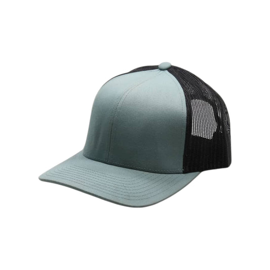 Trucker hat with light blue front and black mesh back on a white background
