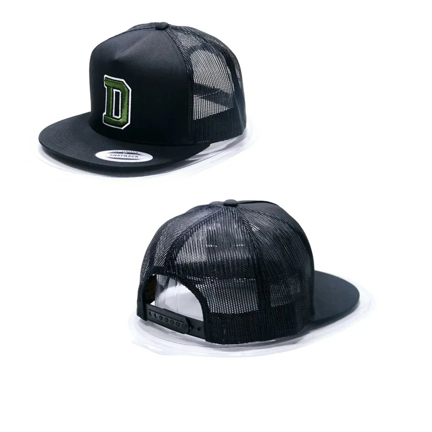 Two black mesh caps with a green logo on a white background