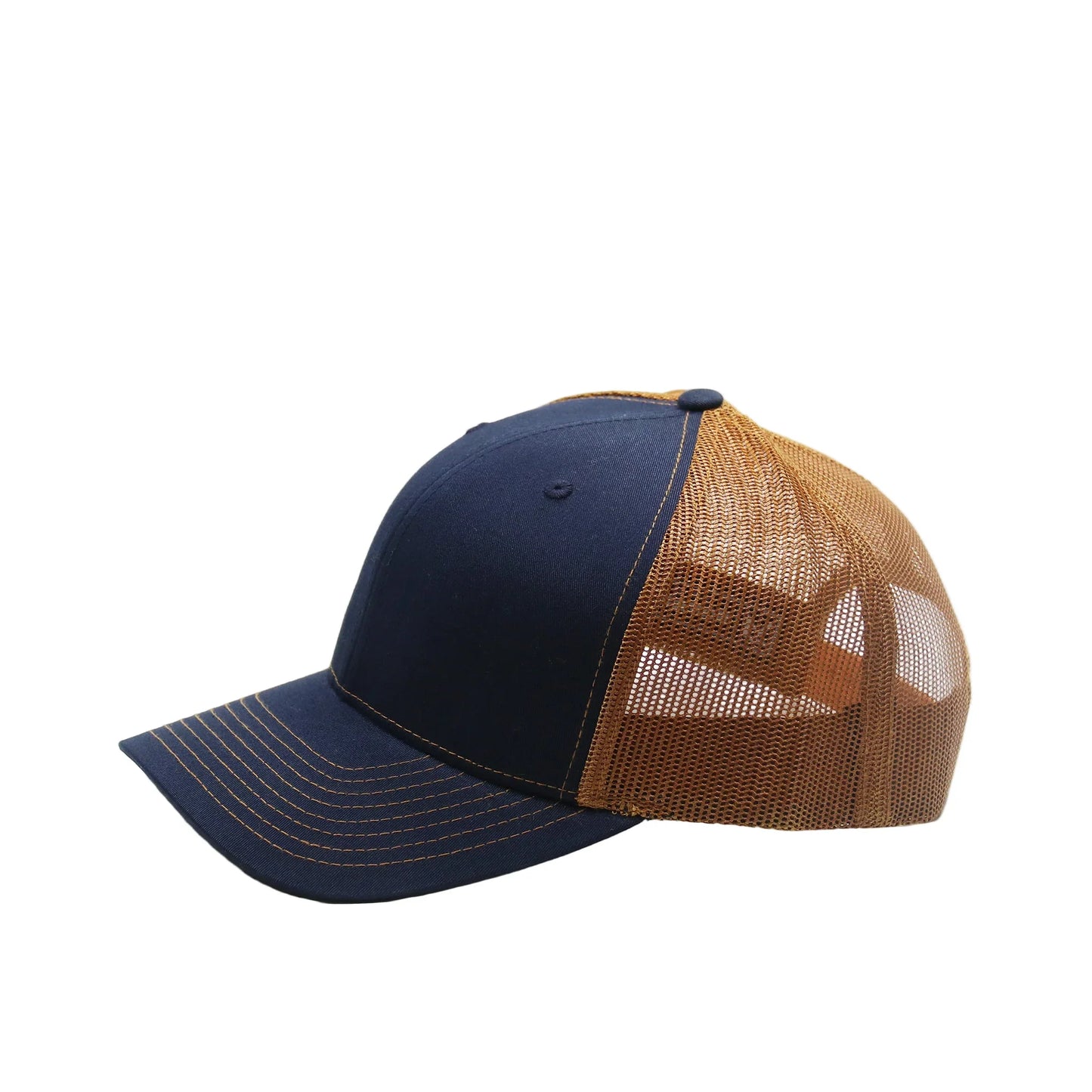 Blue and brown baseball cap with mesh back on a white background