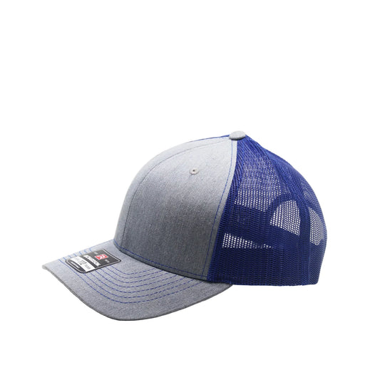 Gray and blue baseball cap on a white background