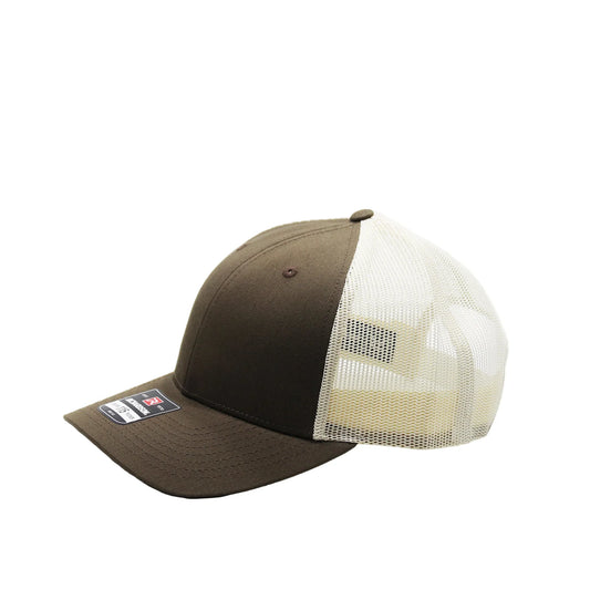 Brown and beige cap with mesh back on a white background