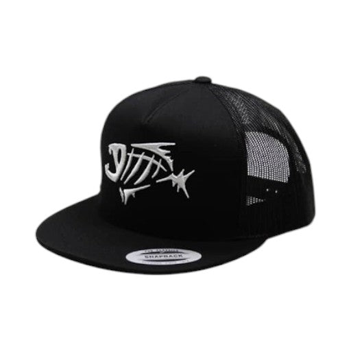 Black trucker cap with white fishbone logo on a white background