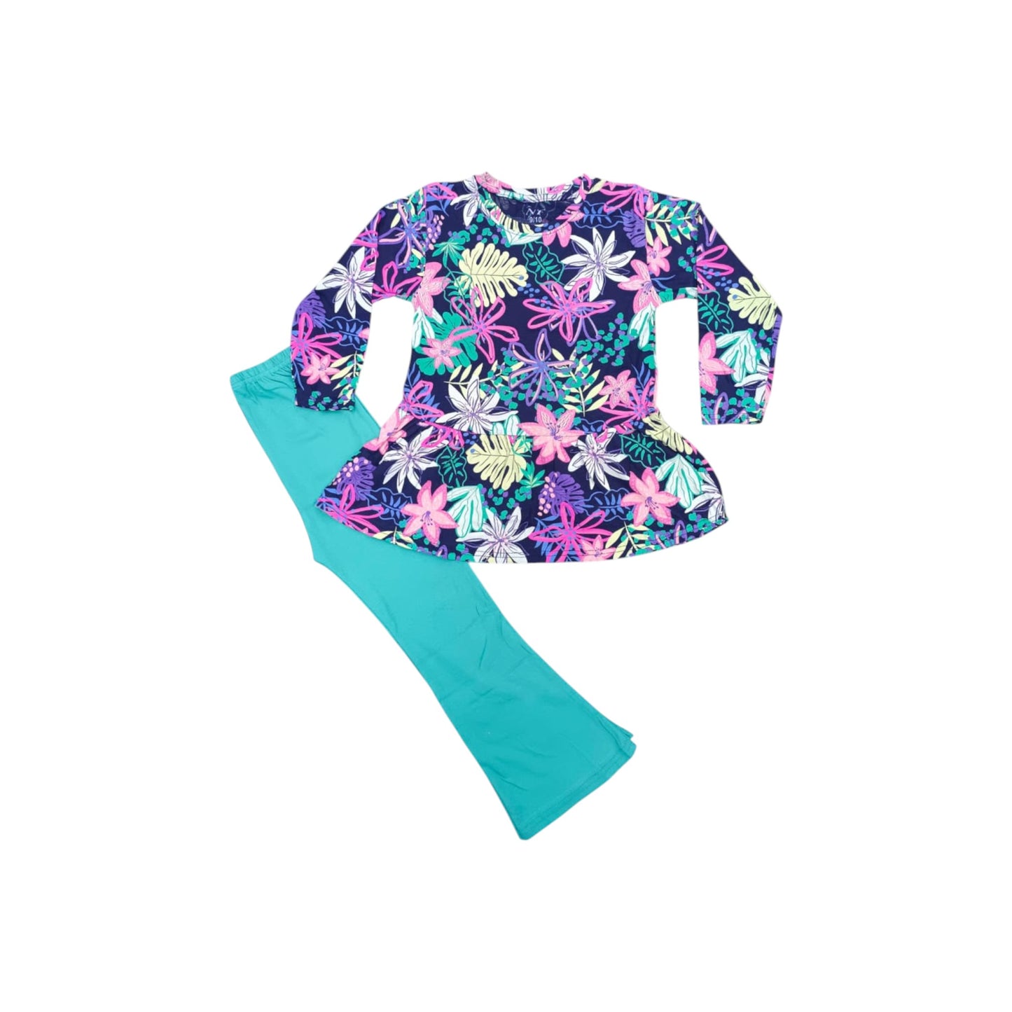Colorful floral top and teal pants on a white background
