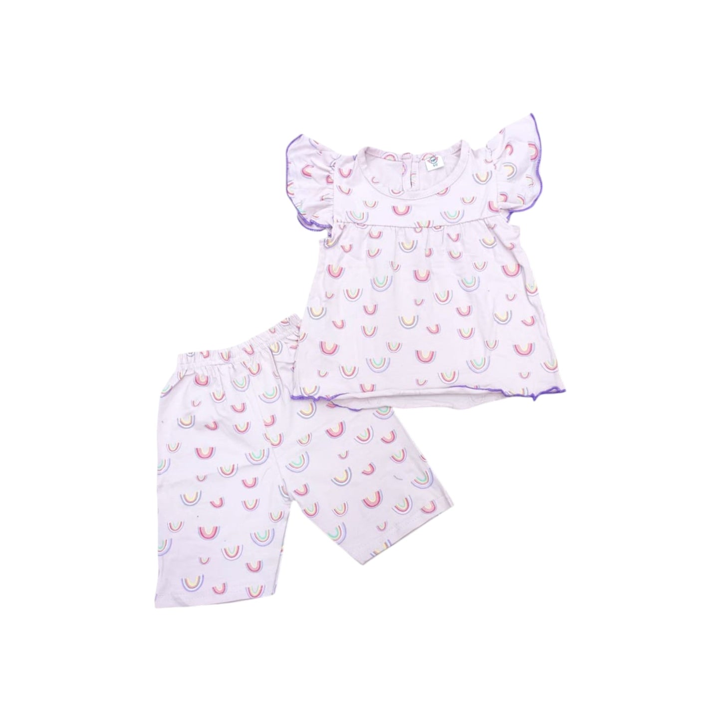 Children's outfit with top and shorts featuring a pattern on a white background