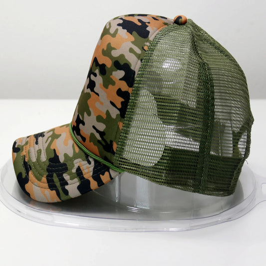 Camouflage baseball cap with mesh back on a white background