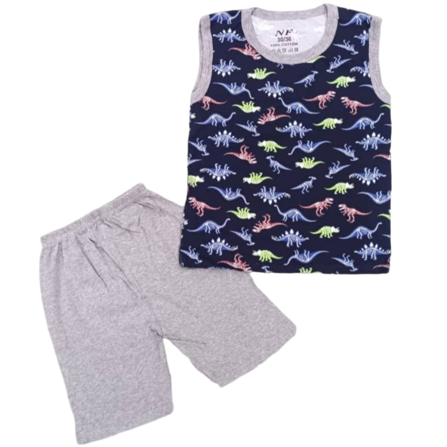 Children's sleeveless shirt with dinosaur pattern and gray shorts on a white background