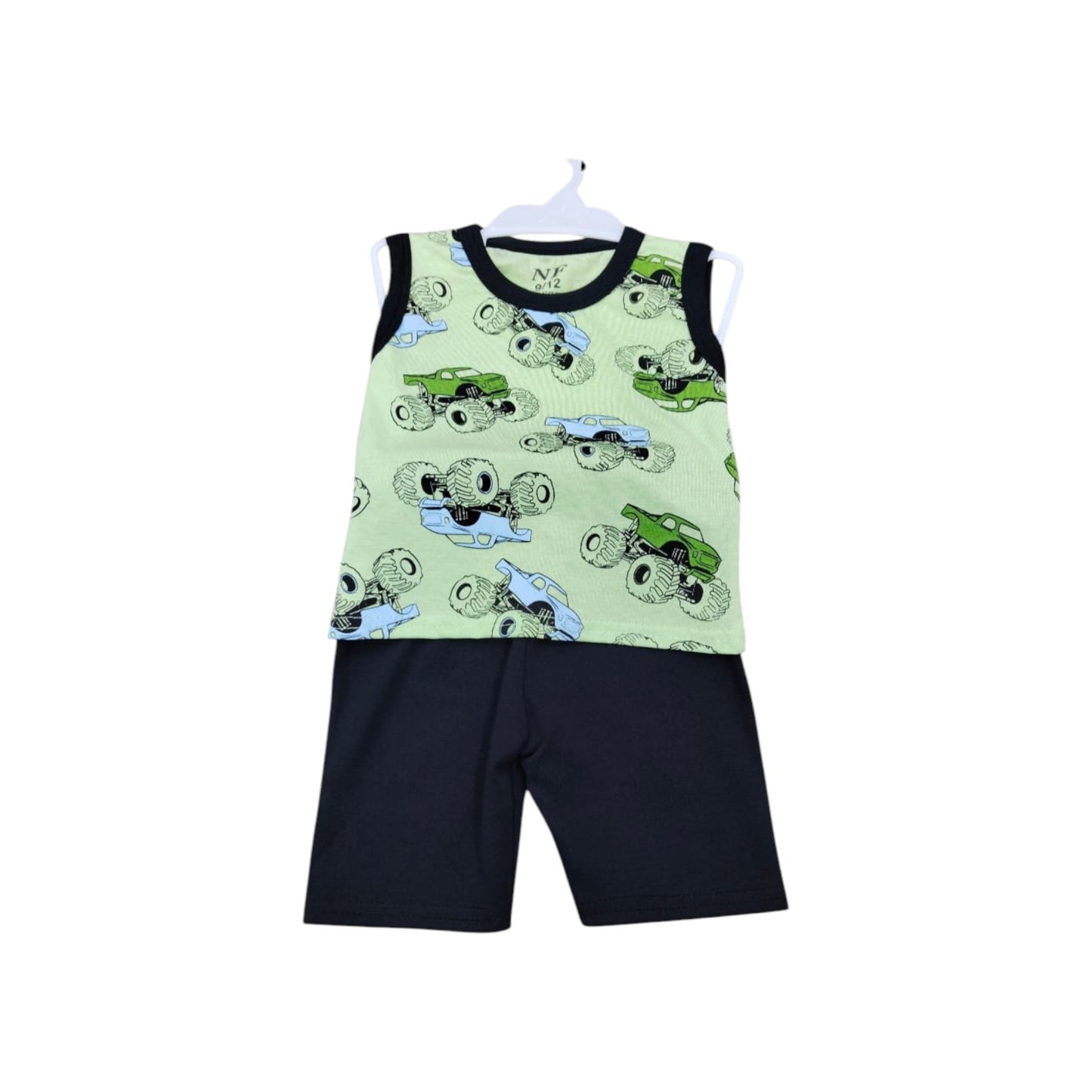 Children's sleeveless top and shorts set with car pattern on a white background