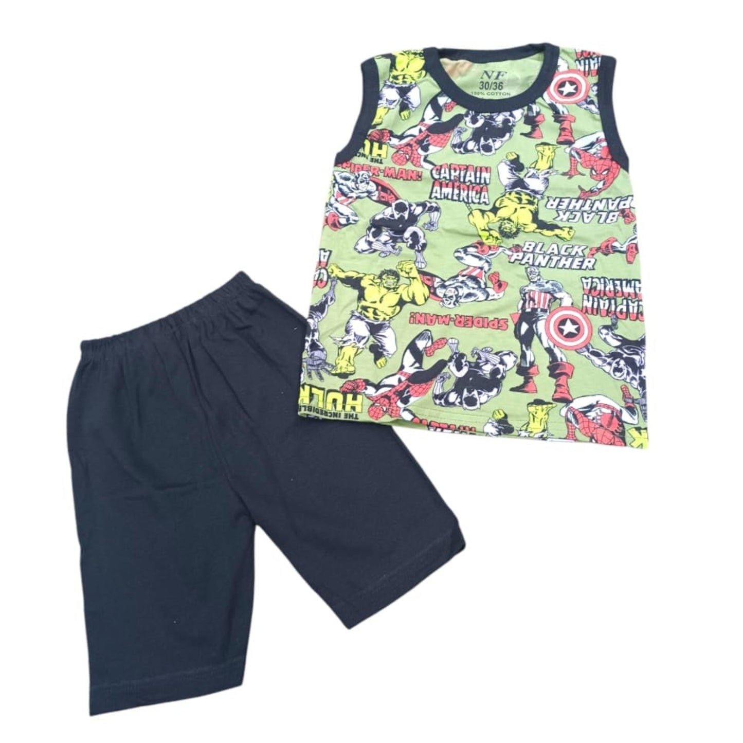 Children's superhero-themed tank top and navy shorts on a white background