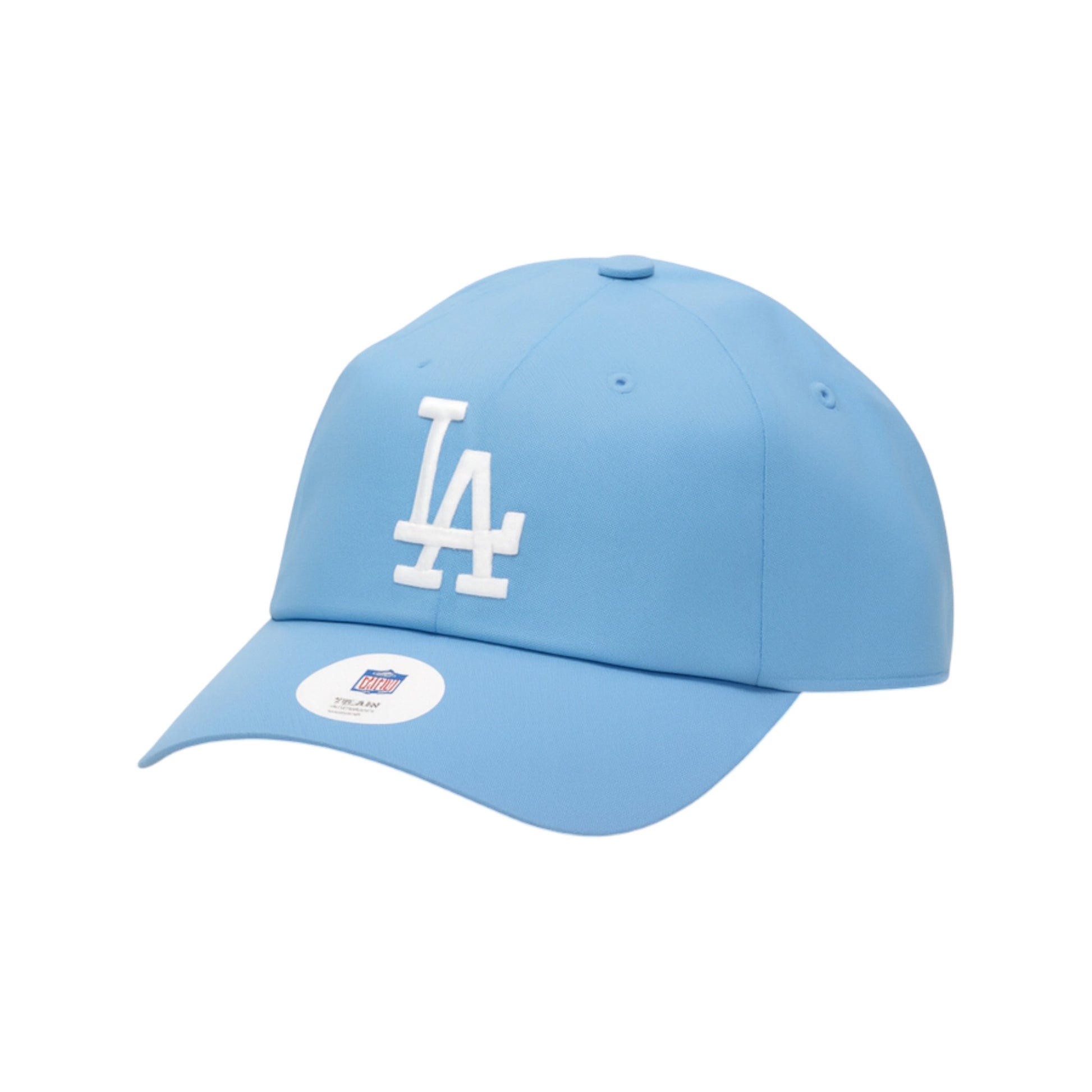 Blue baseball cap with white logo on a white background