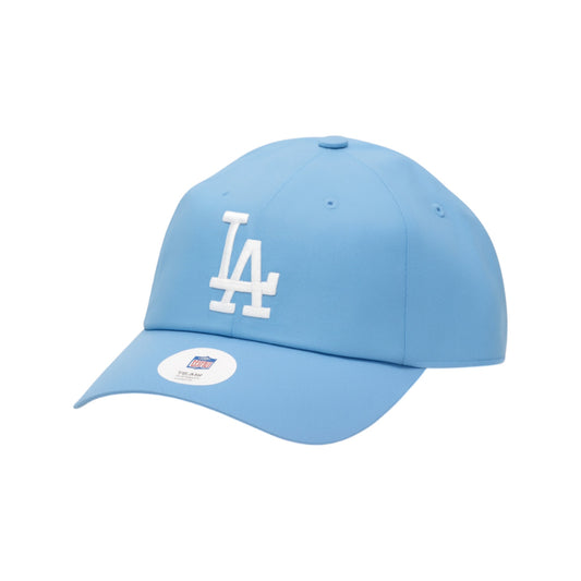 Blue baseball cap with white logo on a white background