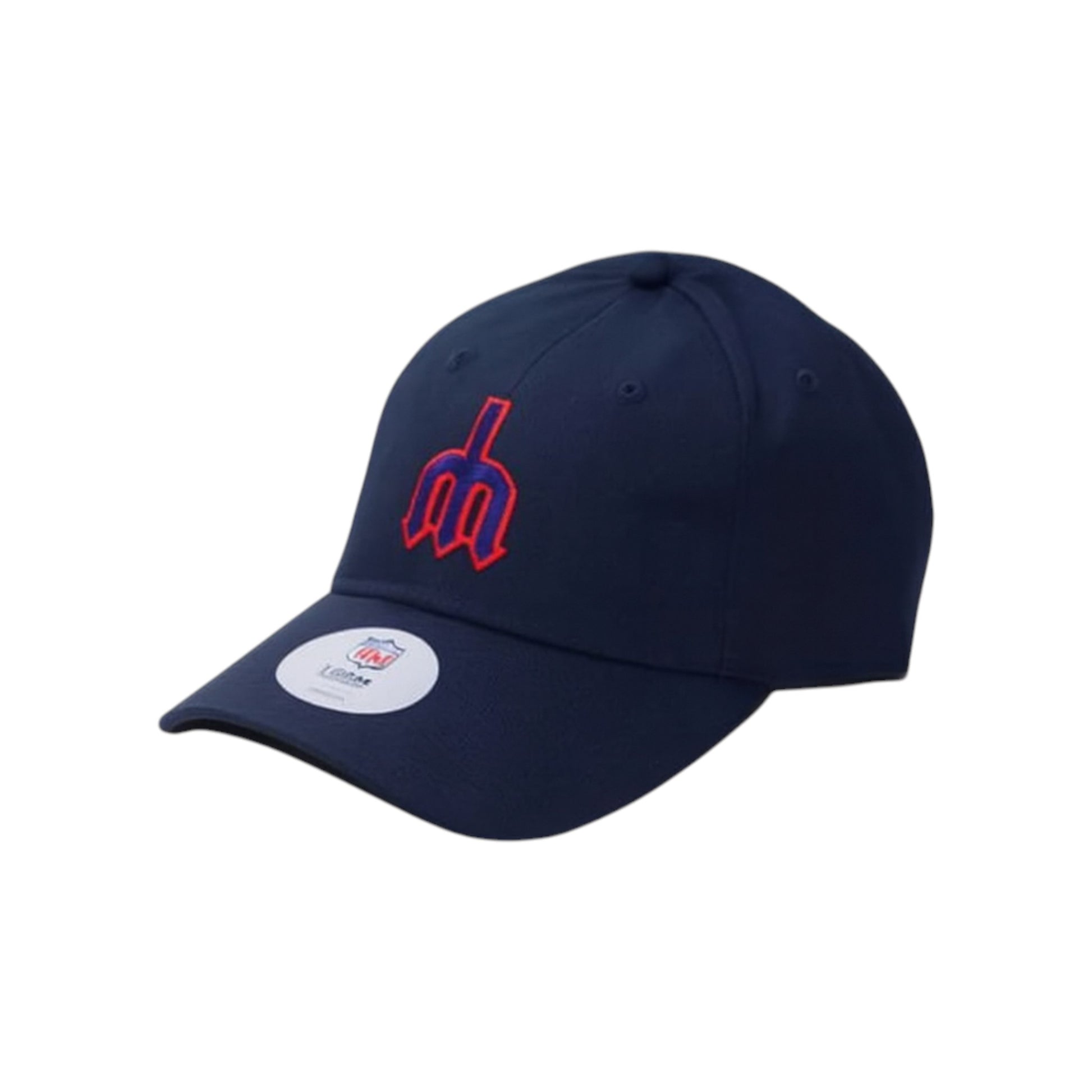 Navy blue cap with red logo on a white background