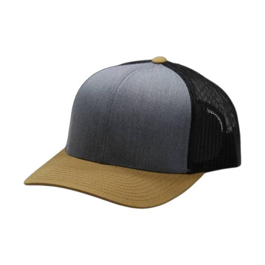 Three-tone cap with gray, brown, and black colors on a white background