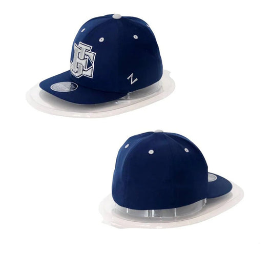 Two navy blue caps with white logos on a white background