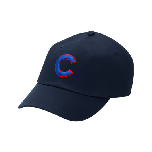 Navy blue cap with a red and blue logo on a white background