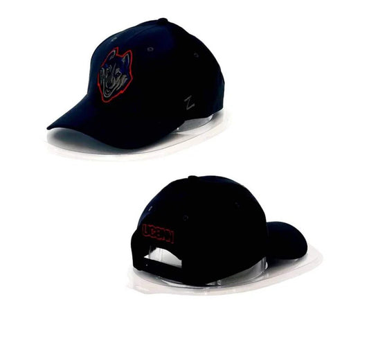 Two black baseball caps with logos on a white background