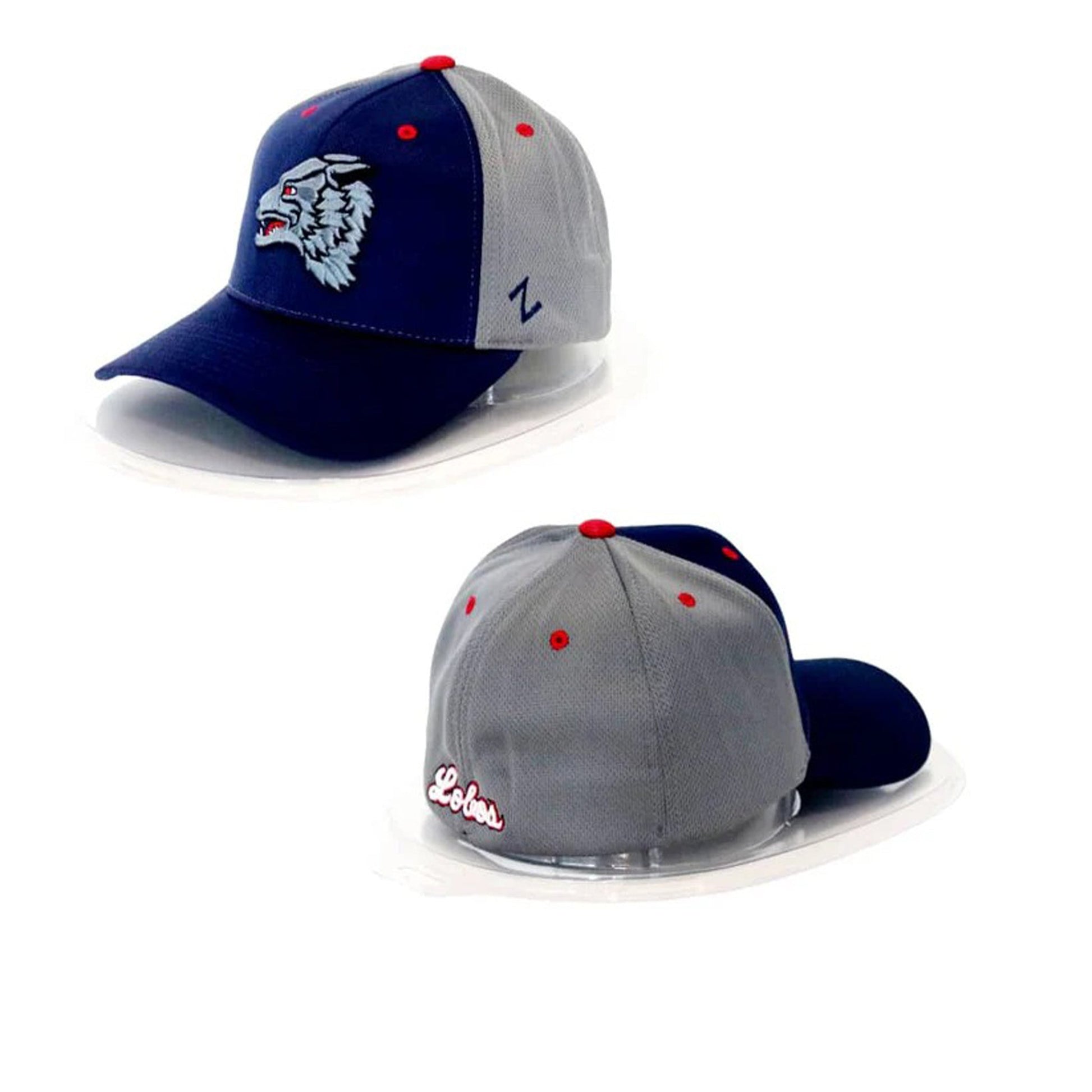 Two baseball caps, one blue and gray with a logo, the other gray and navy with text, on a white background.